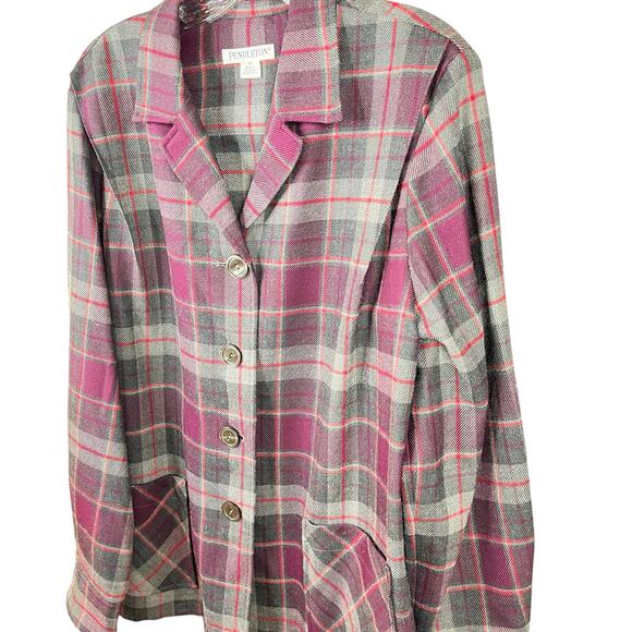 Pendleton Plaid Button Front Shirt Jacket Womens Size L Purple Grey special wool - Picture 12 of 12